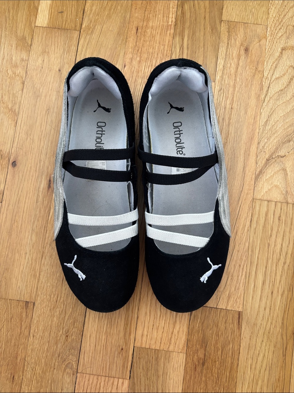 Puma Black and Gray Women's Ballet Slip-Ons with Cross Straps